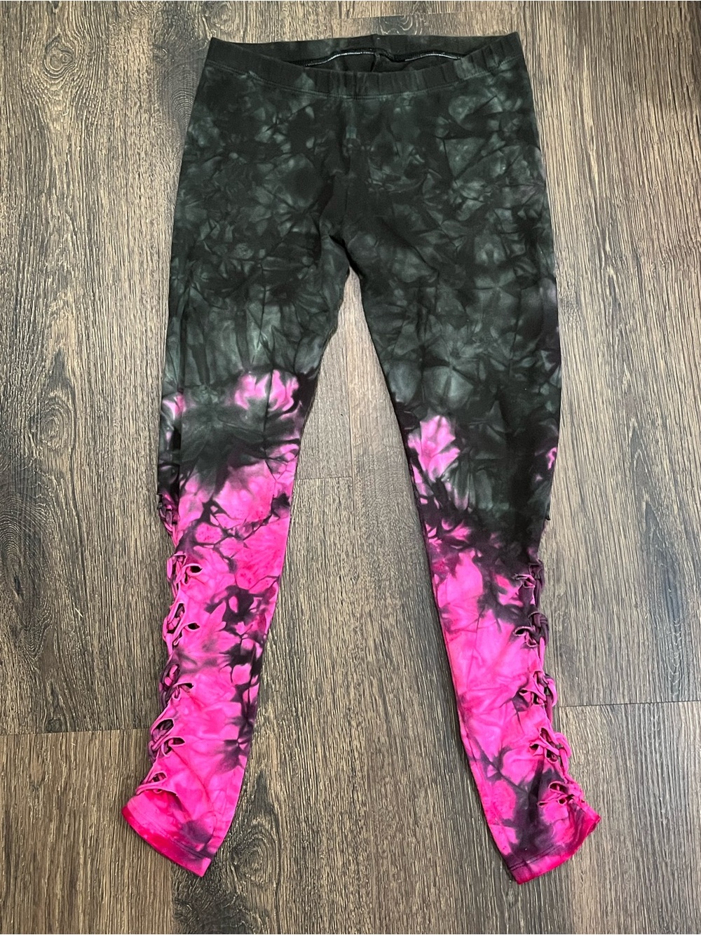 Custom Black & Pink Tie Dye Lace-Up Leggings | Size Small | Made in USA